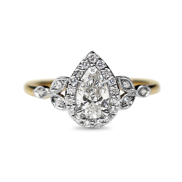 18ct Yellow and White Gold Vintage Style Pear Halo Diamond Ring