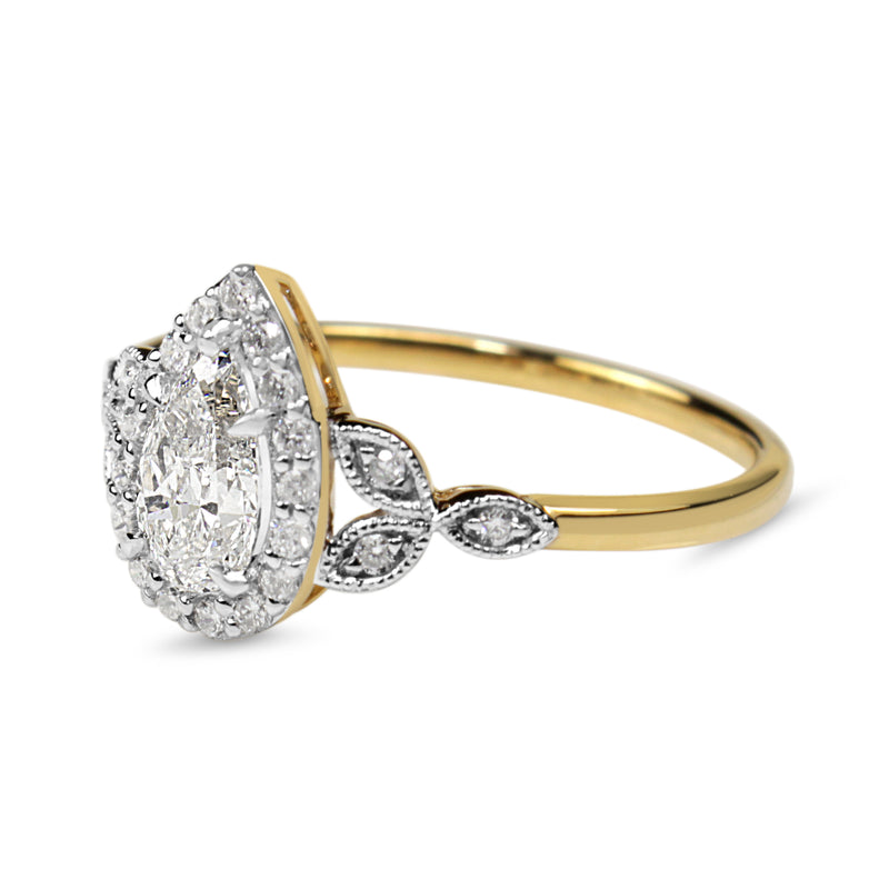 18ct Yellow and White Gold Vintage Style Pear Halo Diamond Ring