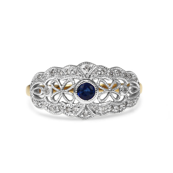 9ct Yellow and White Gold Sapphire and Diamond Vintage Style Ring