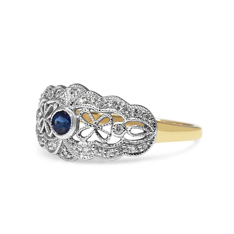 9ct Yellow and White Gold Sapphire and Diamond Vintage Style Ring