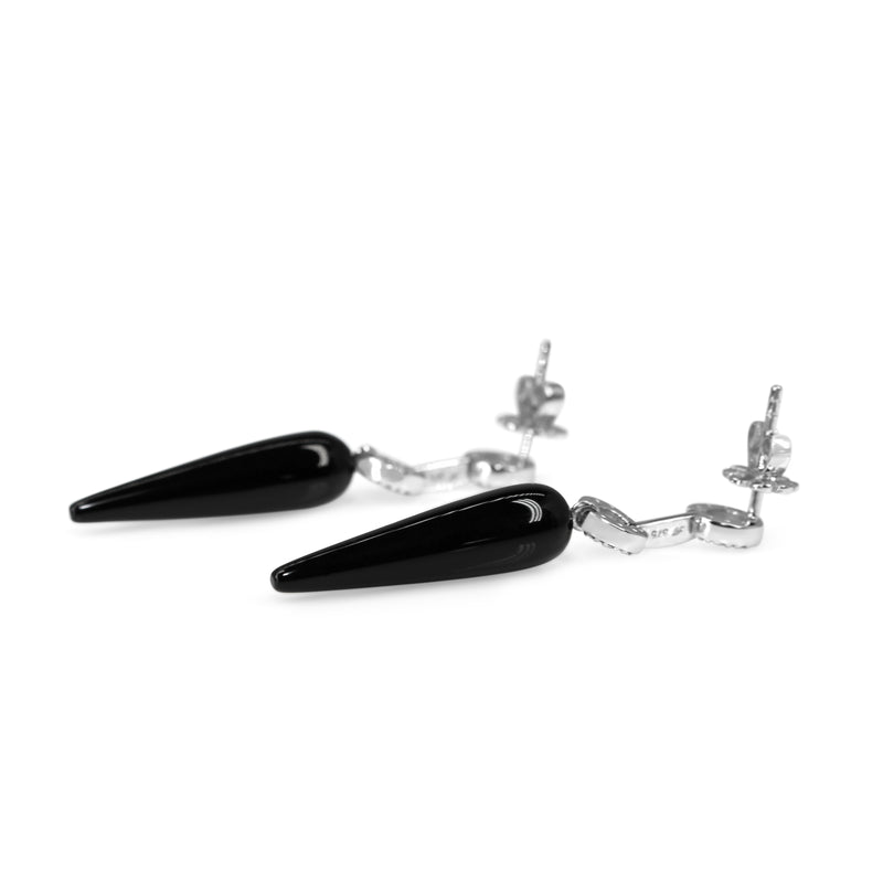 9ct White Gold Onyx and Diamond Drop Earrings