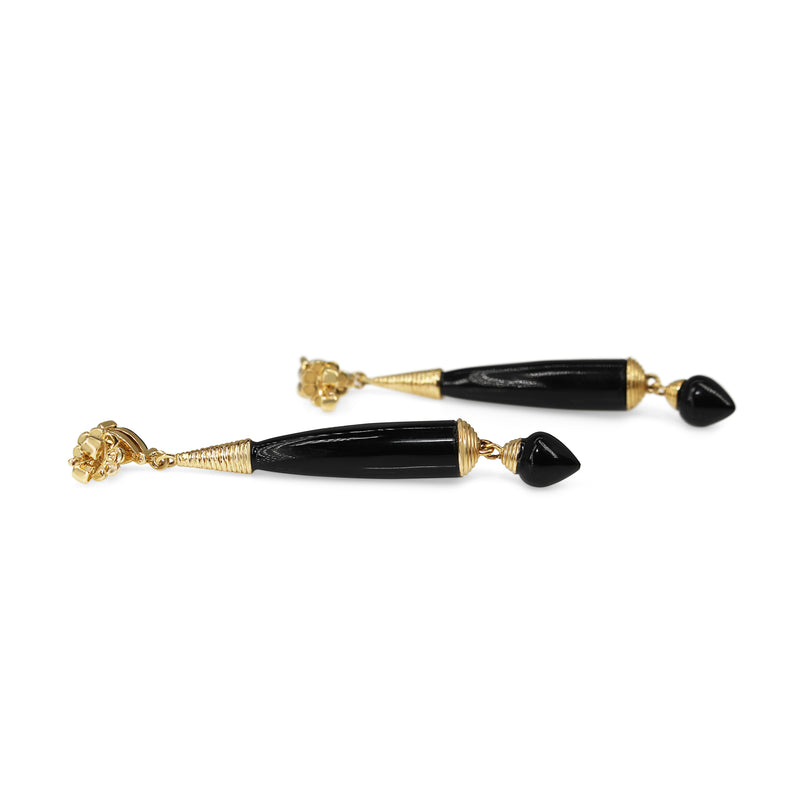 9ct Yellow Gold Onyx Long Drop Earrings