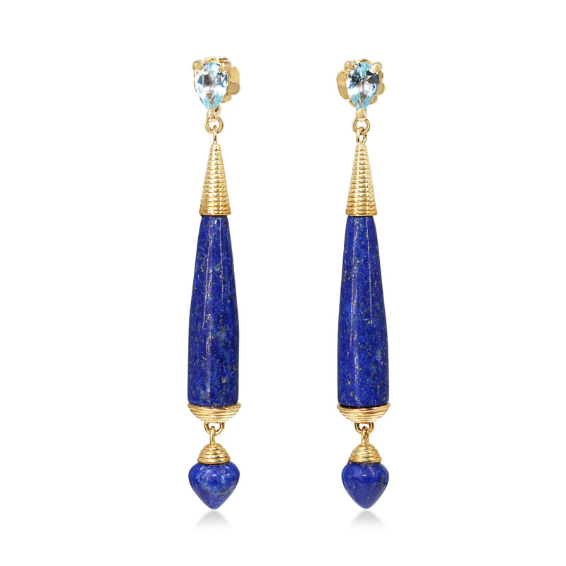 9ct Yellow Gold Lapis and Topaz Long Drop Earrings