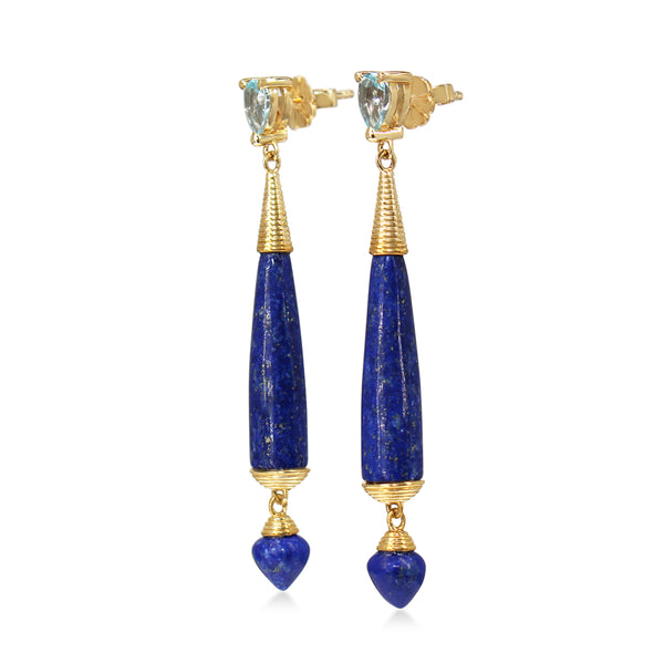 9ct Yellow Gold Lapis and Topaz Long Drop Earrings