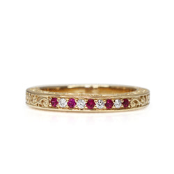 9ct Yellow Gold Etched Ruby and Diamond Band Ring