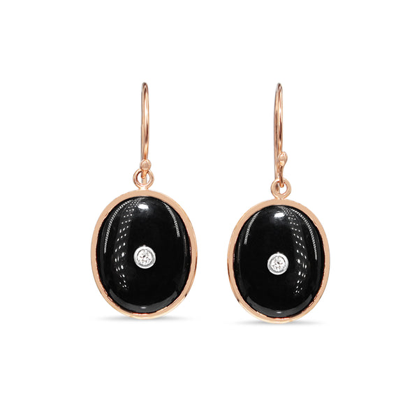 9ct Rose Gold Large Oval Onyx and Diamond Earrings