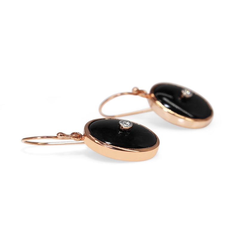 9ct Rose Gold Large Oval Onyx and Diamond Earrings