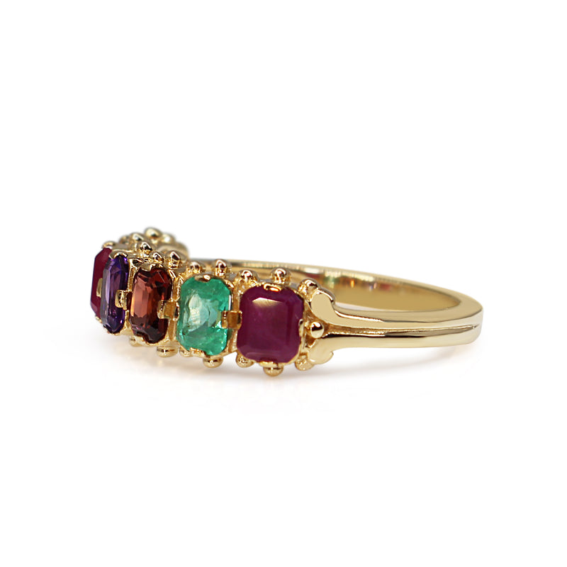 9ct Yellow Gold Ruby, Emerald, Garnet, Amethyst and Diamond REGARD Ring
