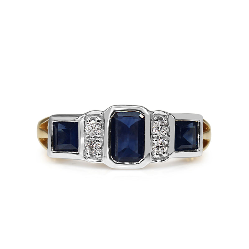 9ct Yellow and White Gold Sapphire and Diamond 3 Stone Ring