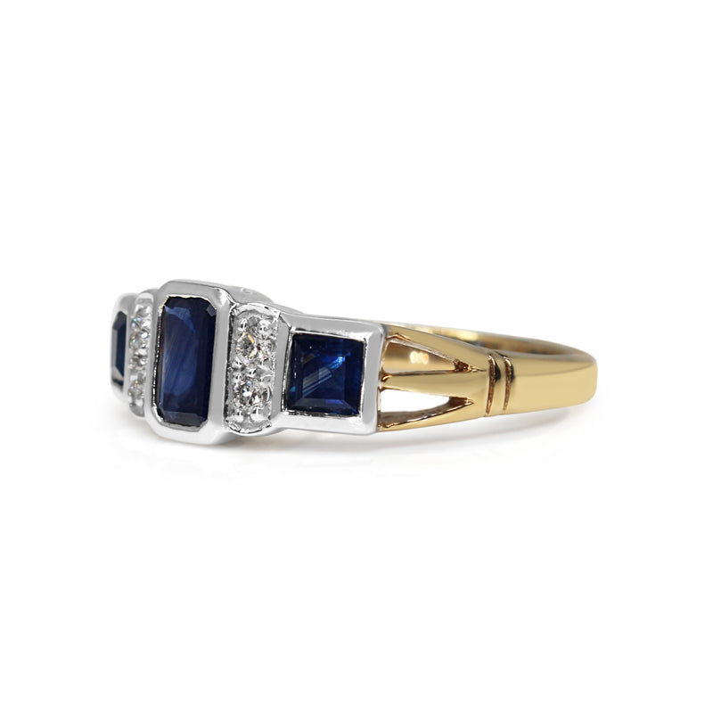 9ct Yellow and White Gold Sapphire and Diamond 3 Stone Ring