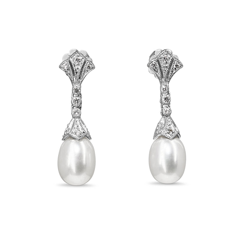 9ct White Gold Art Deco Style Diamond and Fresh Water Pearl Earrings