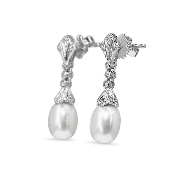 9ct White Gold Art Deco Style Diamond and Fresh Water Pearl Earrings