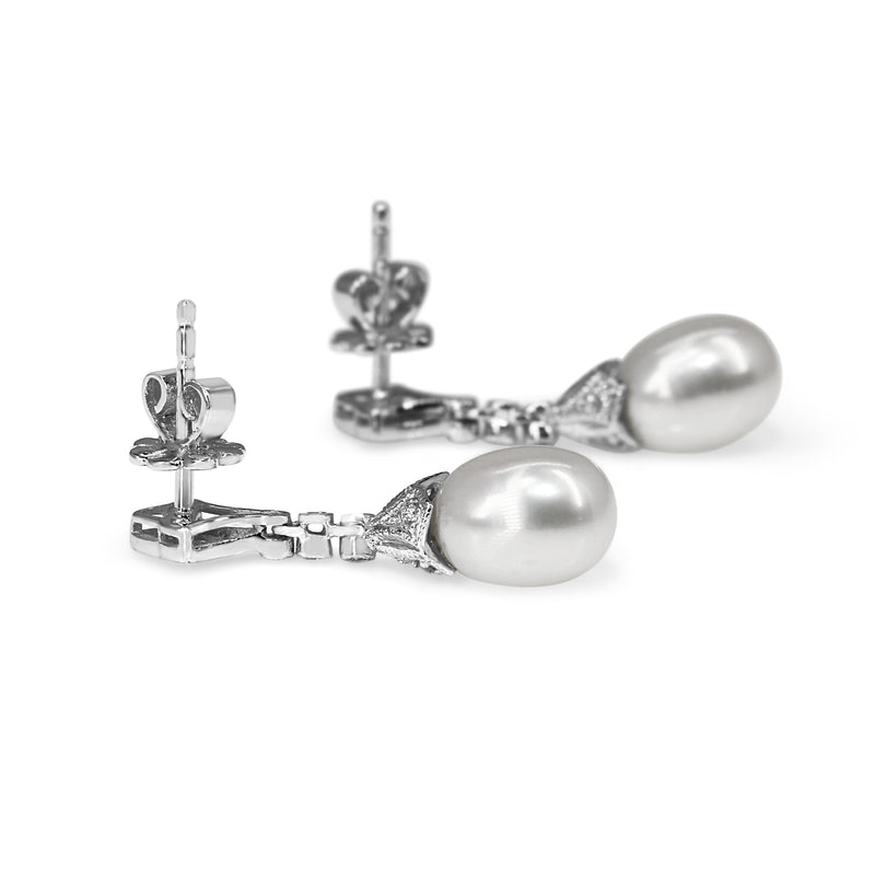 9ct White Gold Art Deco Style Diamond and Fresh Water Pearl Earrings