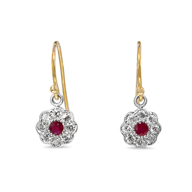 9ct Yellow and White Gold Ruby and DIamond Daisy Earrings