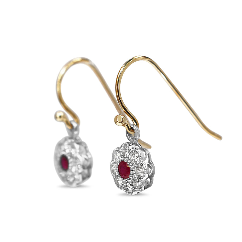 9ct Yellow and White Gold Ruby and DIamond Daisy Earrings