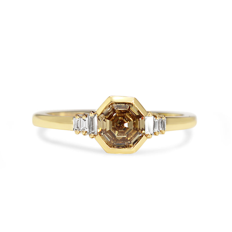 18ct Yellow Gold Champagne Octogon Step Cut Diamond Ring