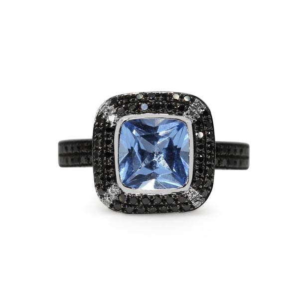 9ct White Gold Blue Quartz, Black and White Diamond Halo Ring