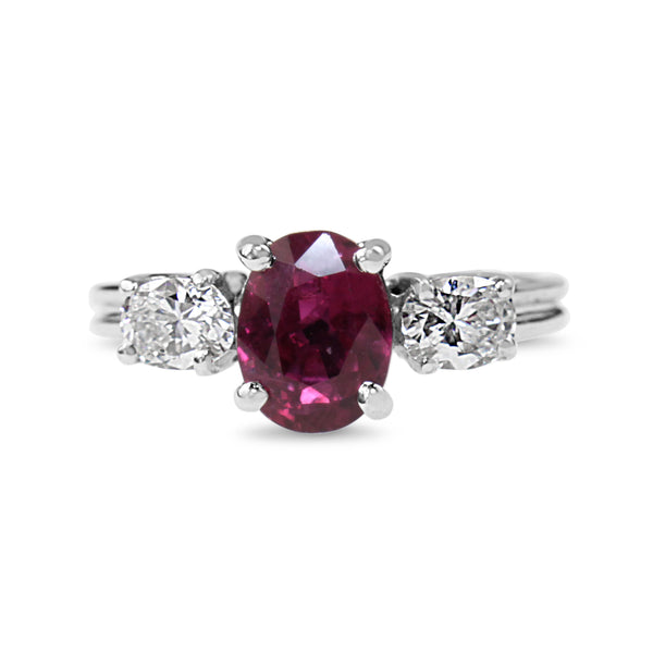 18ct White Gold Ruby and Oval Diamond 3 Stone Ring