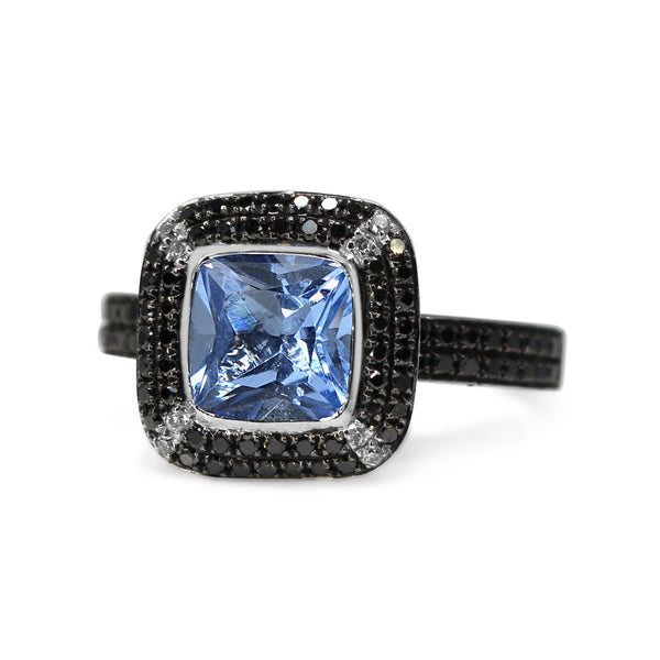 9ct White Gold Blue Quartz, Black and White Diamond Halo Ring