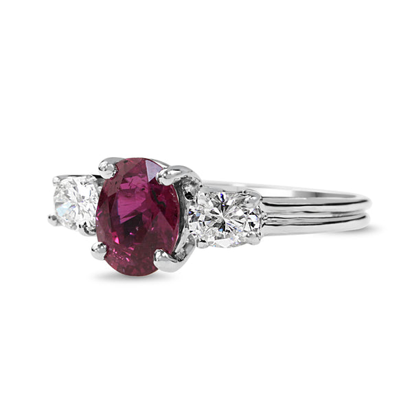 18ct White Gold Ruby and Oval Diamond 3 Stone Ring