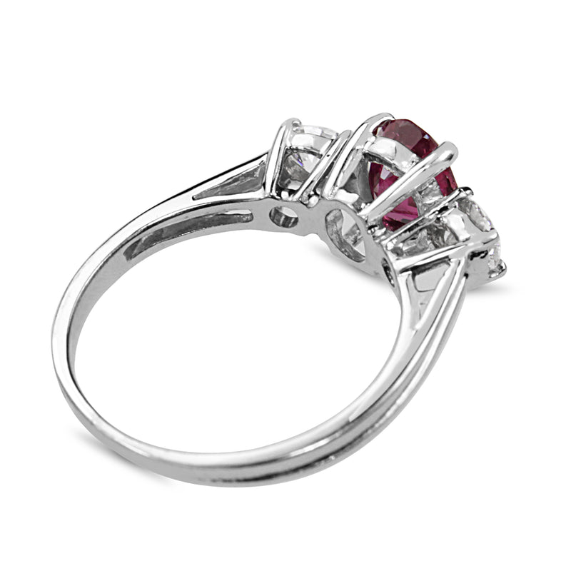 18ct White Gold Ruby and Oval Diamond 3 Stone Ring