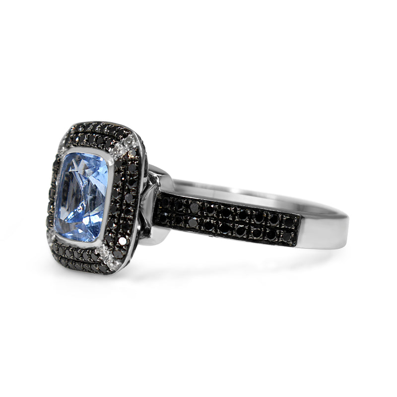 9ct White Gold Blue Quartz, Black and White Diamond Halo Ring