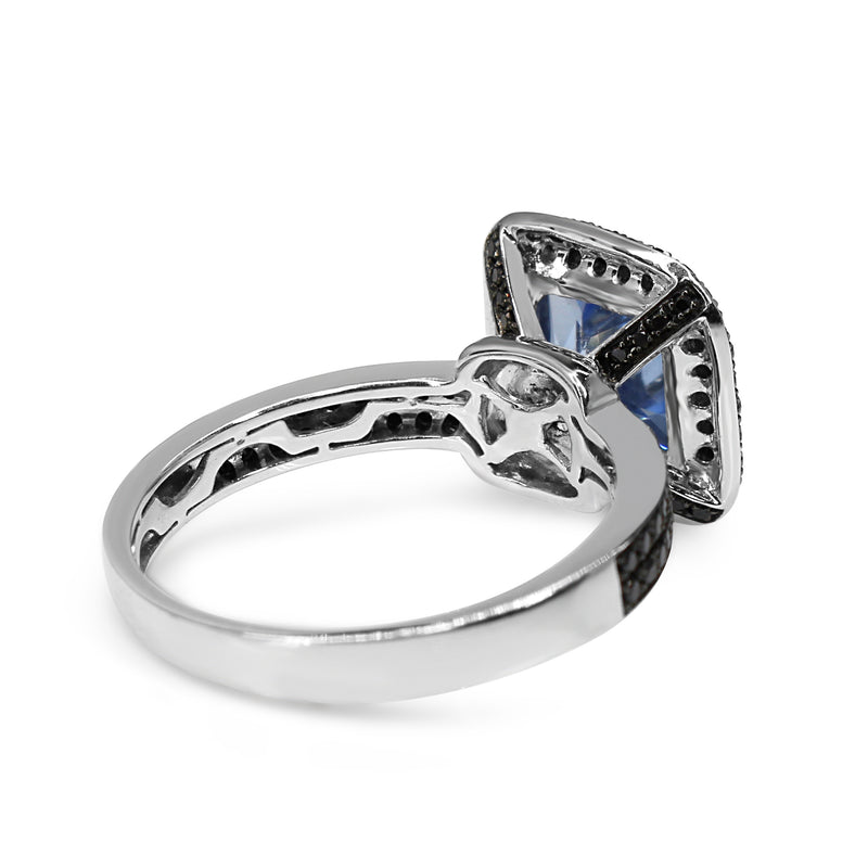 9ct White Gold Blue Quartz, Black and White Diamond Halo Ring