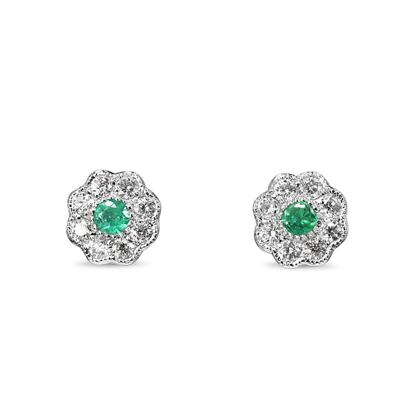 9ct White Gold Emerald and Diamond Daisy Stud Earrings