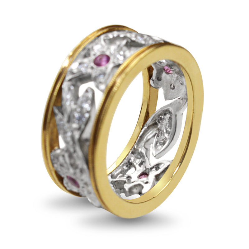 18ct Yellow Gold and Platinum Pink Sapphire and Diamond Band