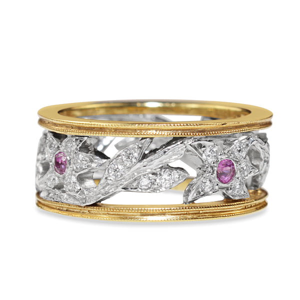 18ct Yellow Gold and Platinum Pink Sapphire and Diamond Band