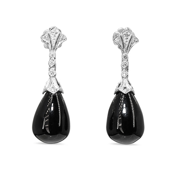 9ct White Gold Deco Style Onyx and Diamond Drop Earrings