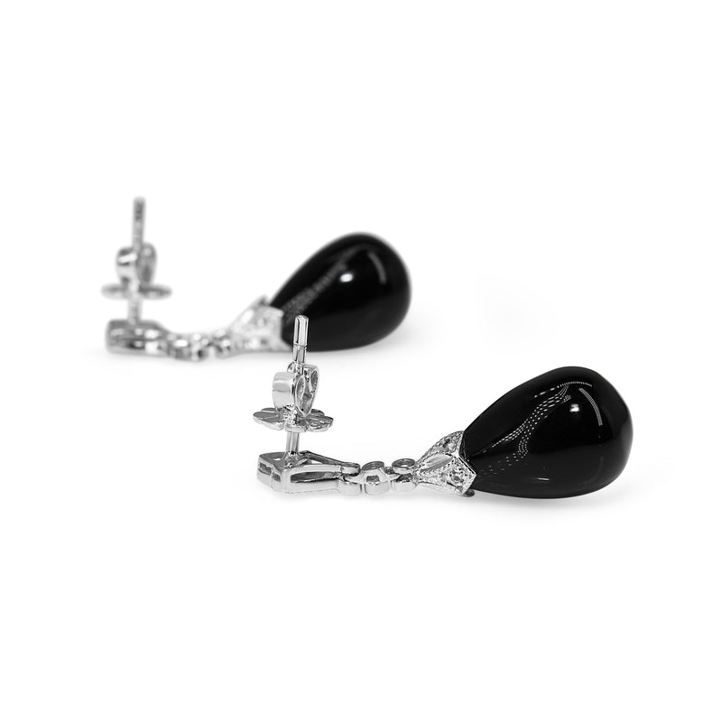 9ct White Gold Deco Style Onyx and Diamond Drop Earrings