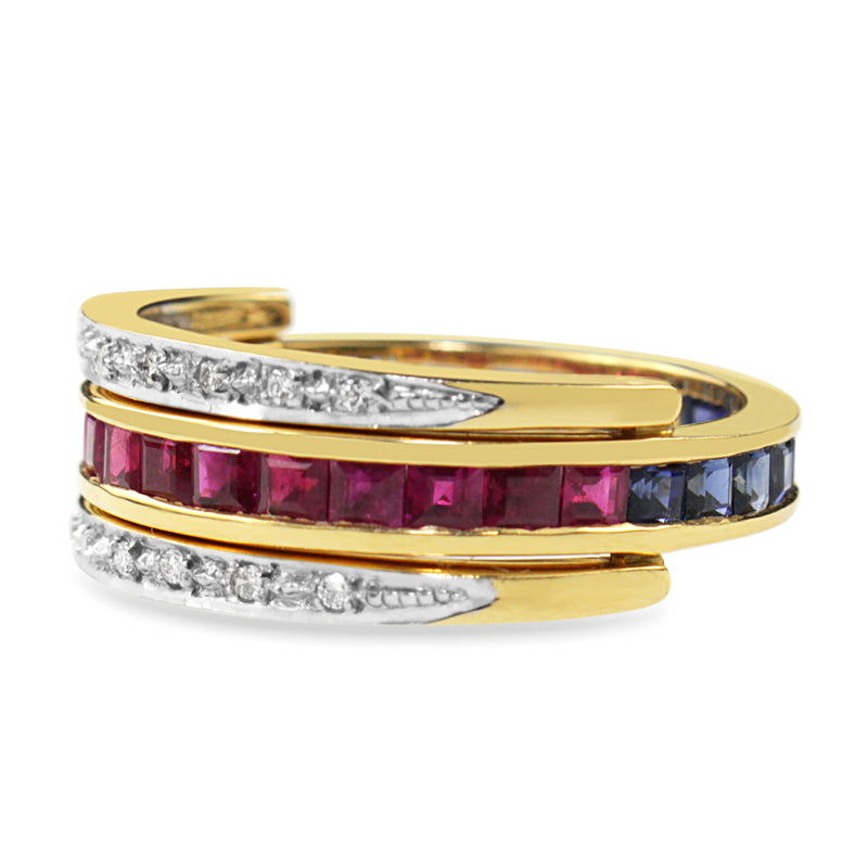 18ct Yellow and White Gold Ruby, Sapphire and Diamond Hinged Changeover Band Ring