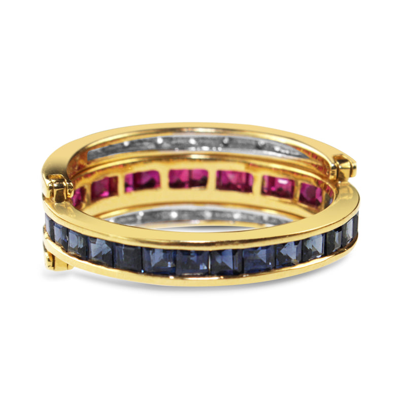 18ct Yellow and White Gold Ruby, Sapphire and Diamond Hinged Changeover Band Ring