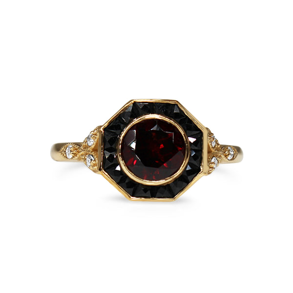 9ct Yellow Gold Garnet, Onyx and Diamond Ring