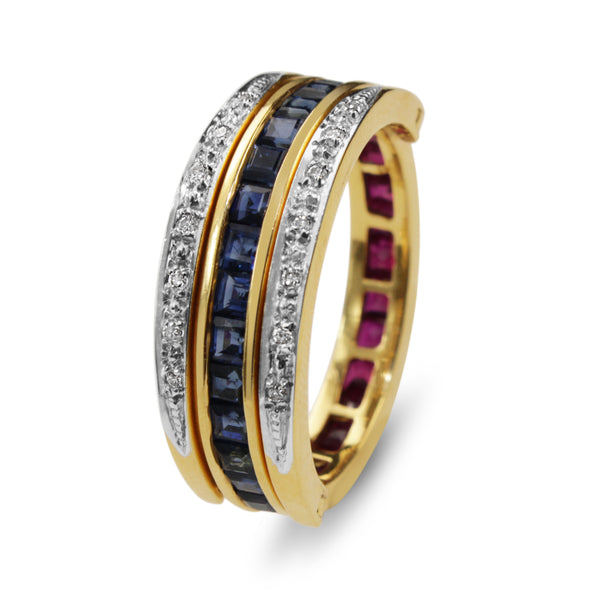 18ct Yellow and White Gold Ruby, Sapphire and Diamond Hinged Changeover Band Ring