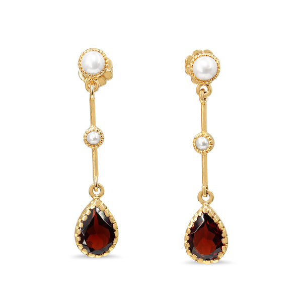 9ct Yellow Gold Garnet and Pearl Drop Earrings