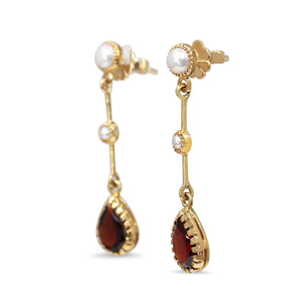 9ct Yellow Gold Garnet and Pearl Drop Earrings