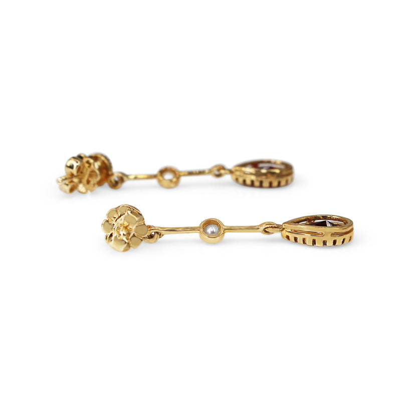 9ct Yellow Gold Garnet and Pearl Drop Earrings