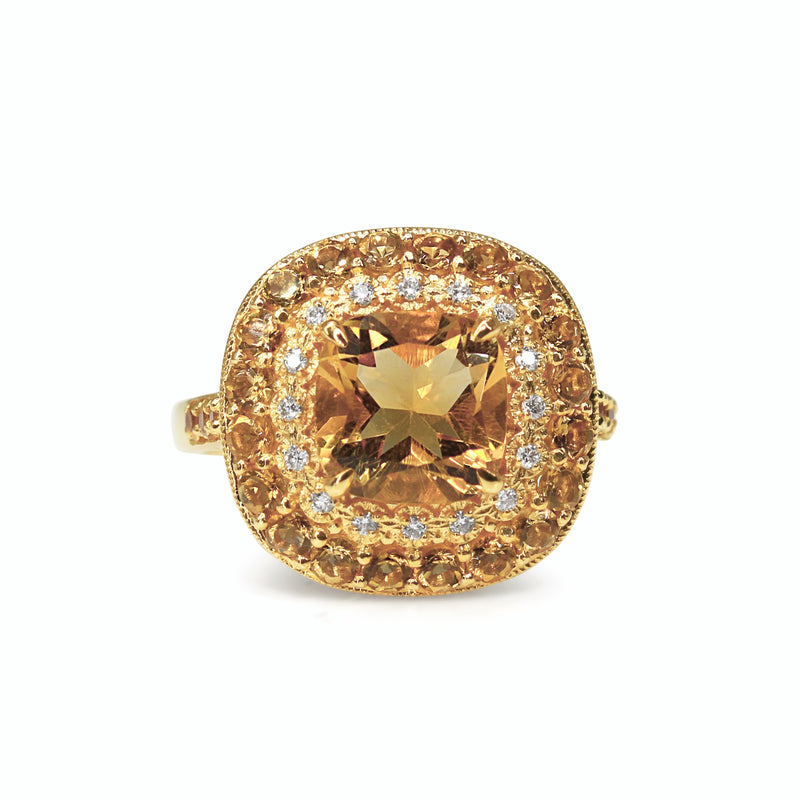 9ct Yellow Gold Citrine and Diamond Halo Ring