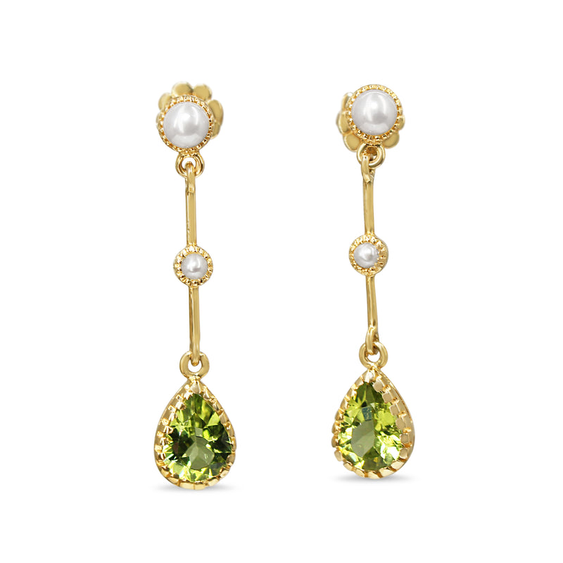 9ct Yellow Gold Peridot and Pearl Drop Earrings