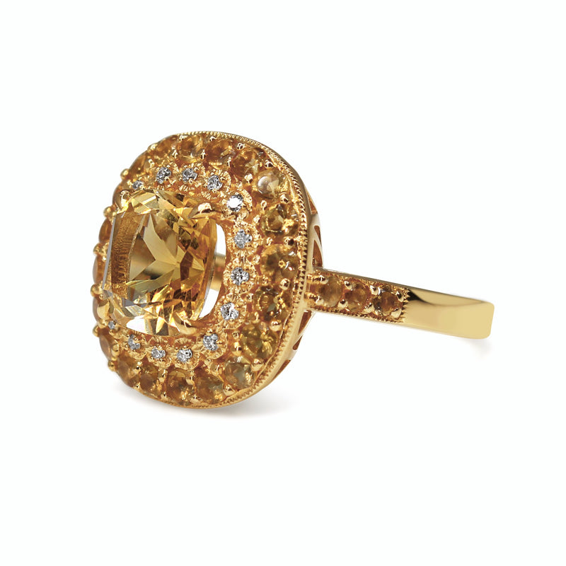 9ct Yellow Gold Citrine and Diamond Halo Ring