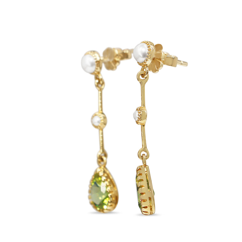 9ct Yellow Gold Peridot and Pearl Drop Earrings