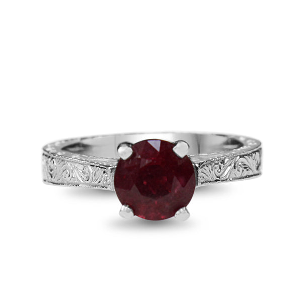 Platinum Treated Ruby Vintage Style Etched Solitaire Ring