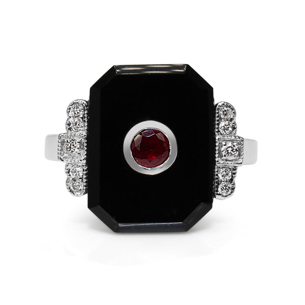 9ct White Gold Ruby and Onyx Deco Style Ring