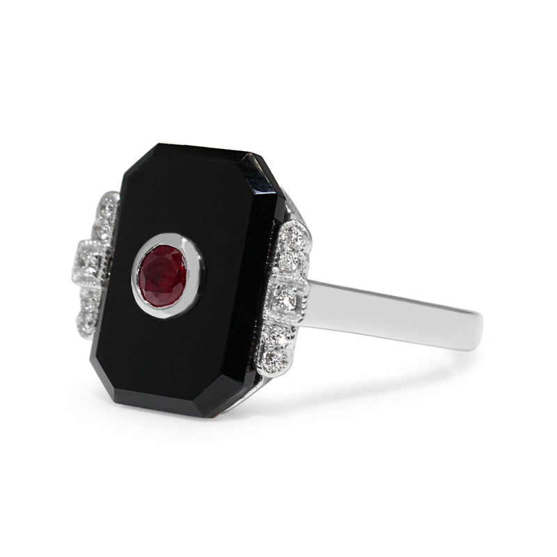 9ct White Gold Ruby and Onyx Deco Style Ring