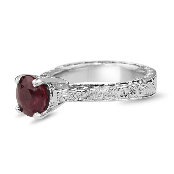 Platinum Treated Ruby Vintage Style Etched Solitaire Ring