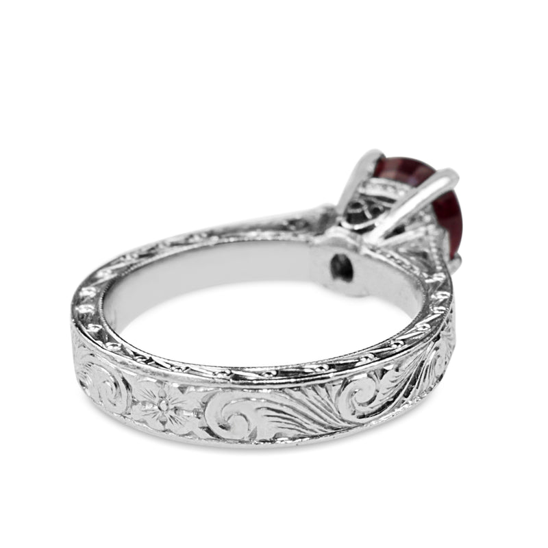 Platinum Treated Ruby Vintage Style Etched Solitaire Ring