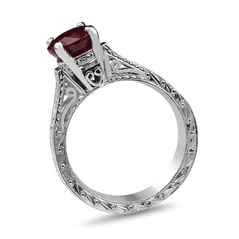 Platinum Treated Ruby Vintage Style Etched Solitaire Ring