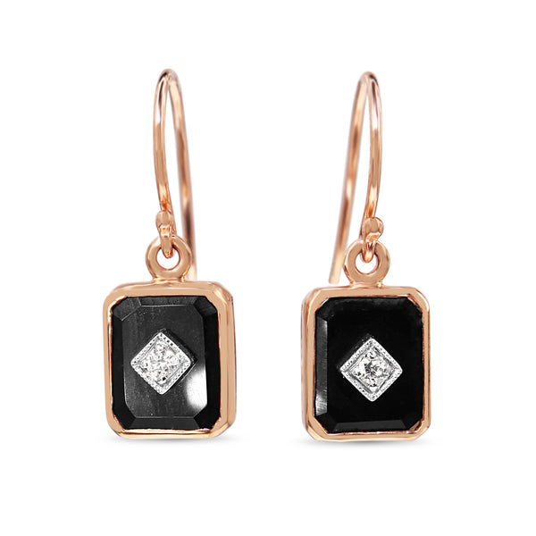 9ct Rose Gold Onyx and Diamond Drop Earrings